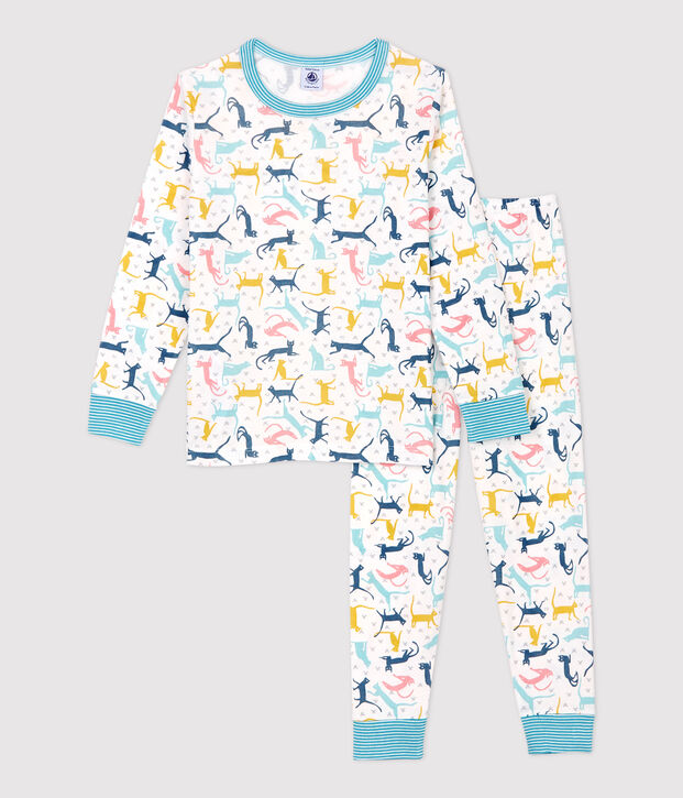 Pijama con estampado de gatos de ni&ntilde;a/ni&ntilde;o de algod&oacute;n y lyocell blanco/multicolor